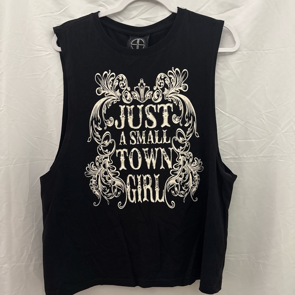 Black Sleeveless Graphic Tee just a small town girl tank top
